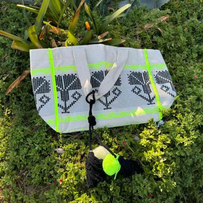 Black Lime Embroidered Canvas Beach Bag