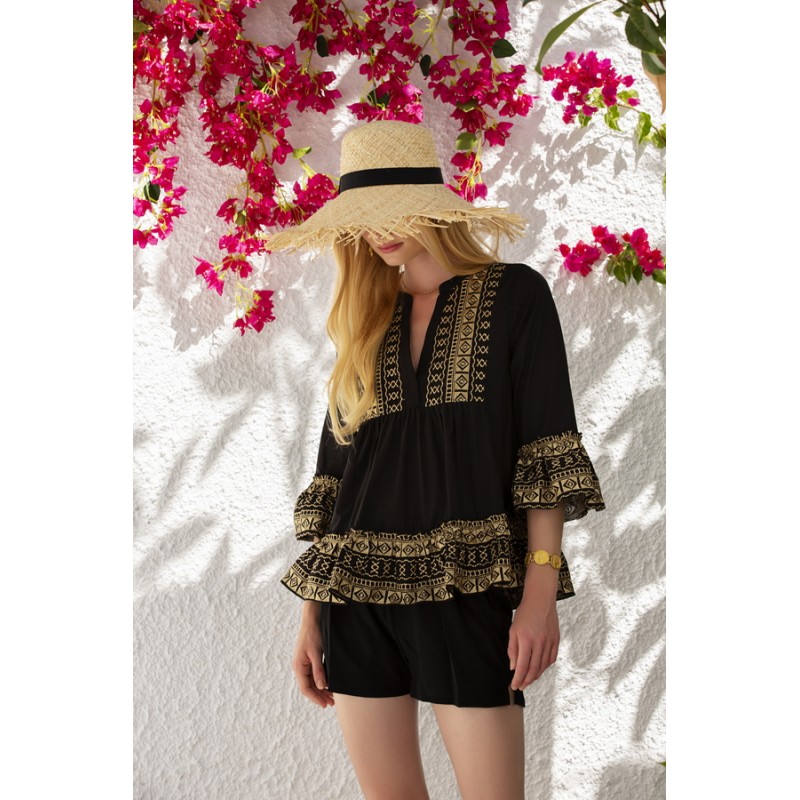 Clio Black Gold Cotton Embroidered Top